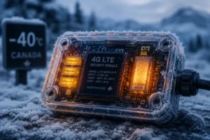 Gros plan d'un module de sécurité 4G LTE entouré de givre et d'indicateurs lumineux, fonctionnant à -40°C au Canada.