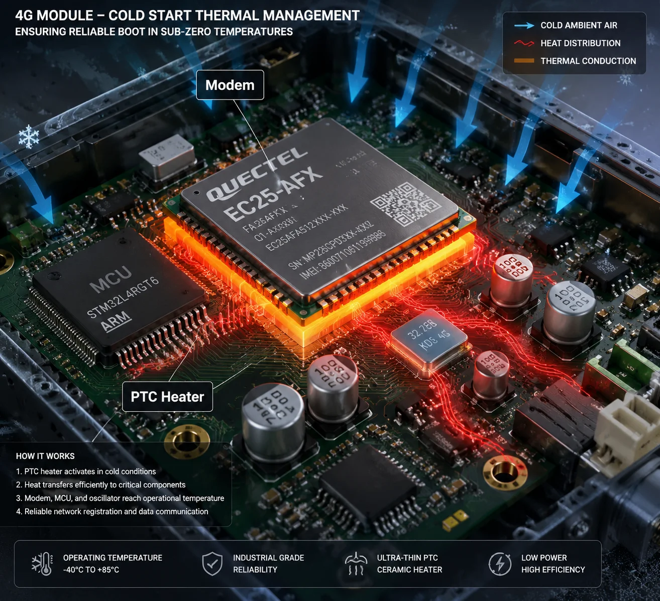 Chauffage PTC en céramique réchauffant le modem 4G avant l'enregistrement