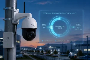 Caméra de surveillance PTZ 4G extérieure montée sur un poteau avec visualisation en boucle FIFO du tampon de données et un parc industriel en arrière-plan au crépuscule.