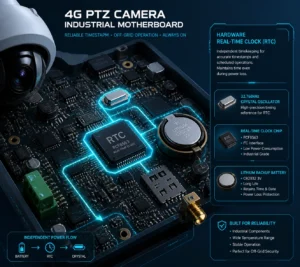 Carte mère industrielle de caméra PTZ 4G montrant les composants de l'horloge en temps réel (RTC), la batterie au lithium et l'oscillateur à cristal pour un fonctionnement fiable.