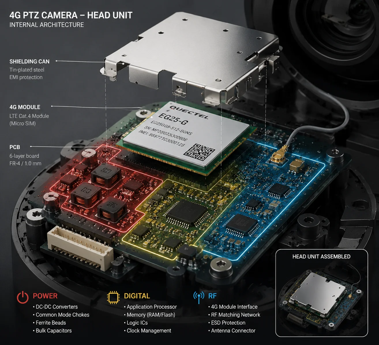 Shielding layer between power board and 4G antenna