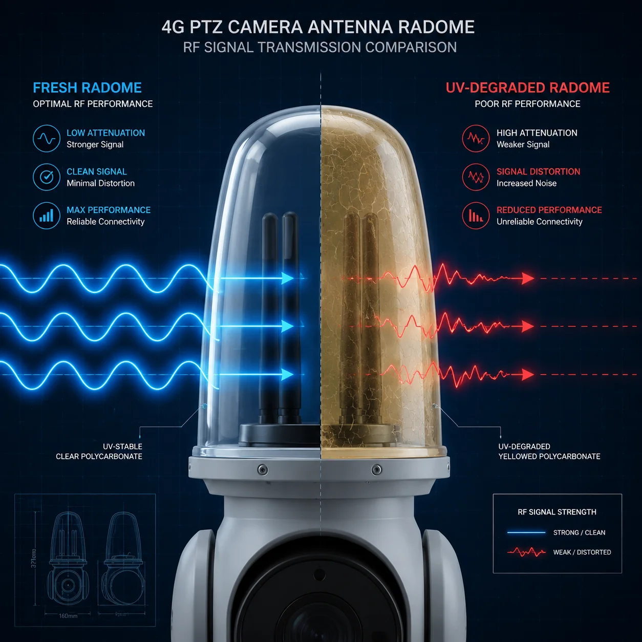 Radome RF transparency degradation under UV exposure