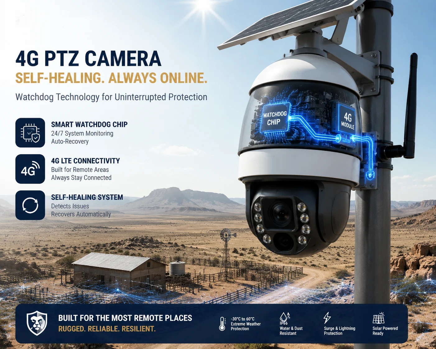 Función de reinicio forzado de cámara PTZ 4G para vigilancia solar remota
