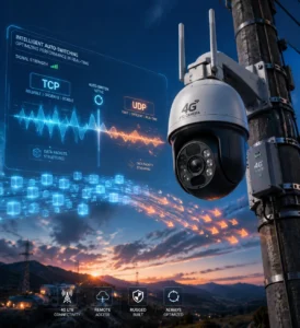 Une caméra de sécurité PTZ 4G montée sur un poteau, montrant des fonctionnalités intelligentes de basculement automatique TCP et UDP avec des visuels de flux de données.