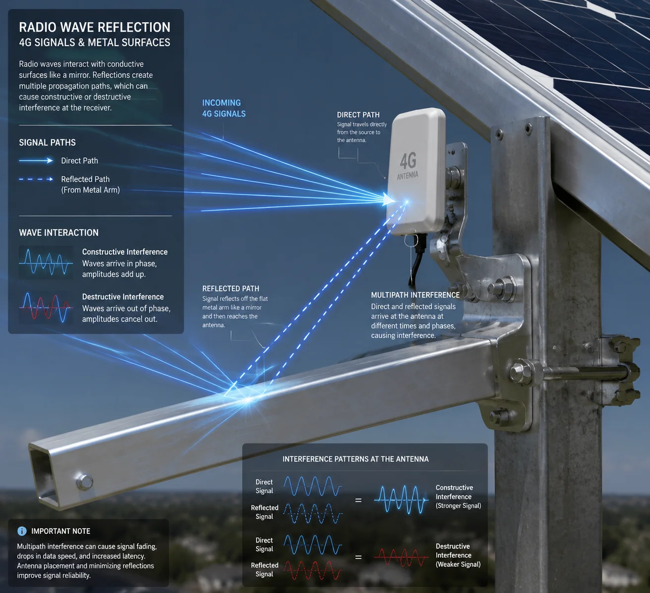 Metal mounting arm reflecting 4G signal causing multipath interference