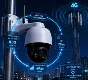 Une caméra de sécurité intelligente alimentée par la 4G, montée sur un poteau, affichant des métriques telles que la force du signal, la perte de paquets et le RTT, avec en arrière-plan une tour de télécommunication et un environnement urbain.