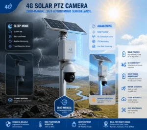 Un système de caméra PTZ 4G alimenté par énergie solaire installé dans un paysage extérieur, mettant en évidence des fonctionnalités telles que le streaming de données en direct, la détection de mouvement, le mode veille, la conception résistante aux intempéries et le fonctionnement sans entretien.