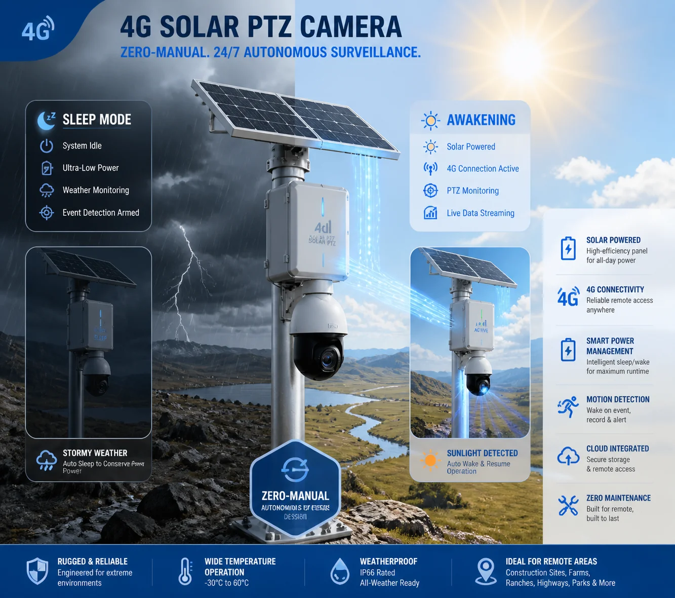 sistema de auto sono e reinício automático de câmera PTZ solar 4G