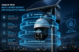 A 4G solar-powered PTZ camera with illuminated security features including secure boot, SHA-256 code signing, TLS 1.3 encryption, and A/B partition rollback, highlighting multi-layered security against a cityscape background.