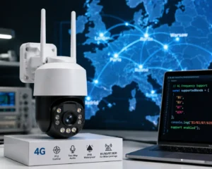 4G-enabled security camera system with dual antennas and night vision on a box, displayed with a laptop showing code and a map of Europe with network connections.