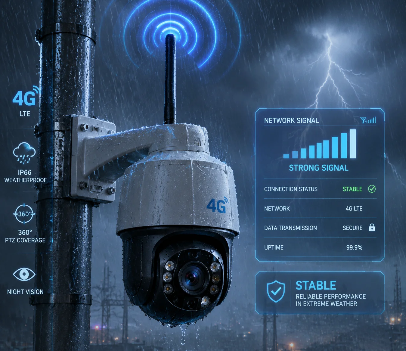 4G PTZ camera working in heavy rain and fog conditions