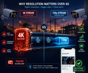 Illustration comparant les résolutions vidéo 4K et 720p sur les réseaux 4G. Met en évidence la taille des paquets de données, les problèmes de bande passante et la fiabilité des alertes.
