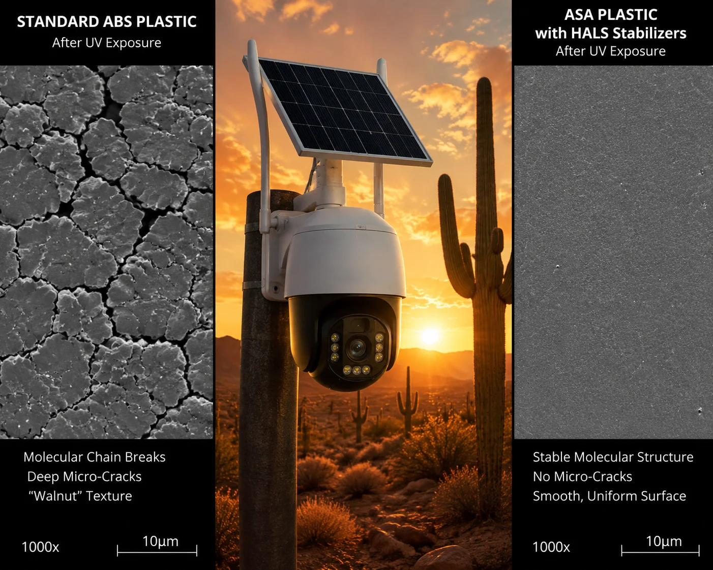 Cracked ABS radome vs intact ASA radome after desert exposure