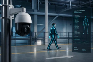 Caméra de sécurité avancée alimentée par l'IA détectant et suivant une personne qui marche à l'aide de la technologie de suivi squelettique dans un espace industriel moderne.