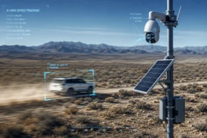 AI-powered PTZ surveillance camera tracking a moving vehicle in a desert using high-speed tracking technology, with solar power.
