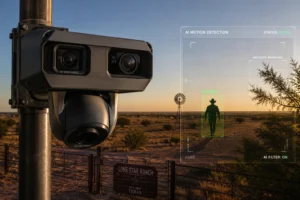 Caméra de sécurité IA avec technologie de détection de mouvement surveillant une scène de ranch au coucher du soleil, identifiant une personne au loin.