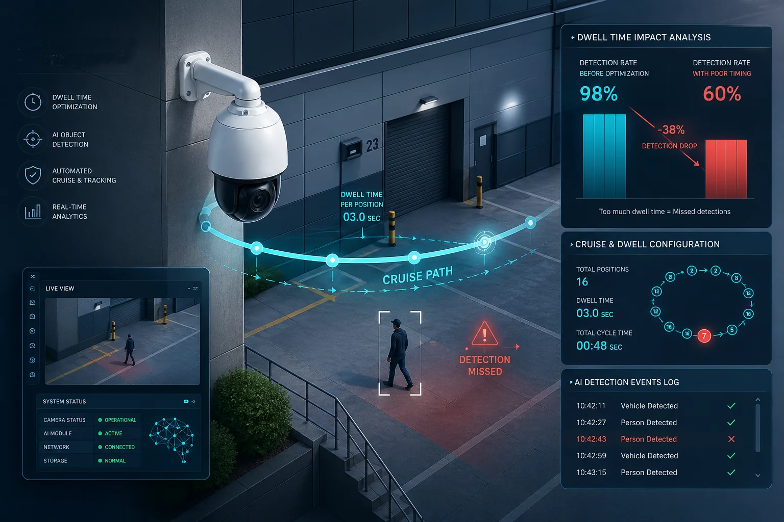 PTZ camera dwell time accuracy AI recognition cruise path