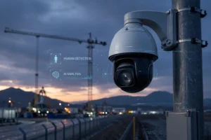 AI-powered surveillance camera with human detection and AI analysis features overlooking a construction site at dusk.