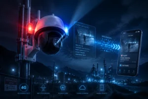 Caméra de sécurité IA de haute technologie montée à l'extérieur détectant et suivant les mouvements près d'une installation industrielle la nuit, avec des données en direct affichées sur un smartphone.