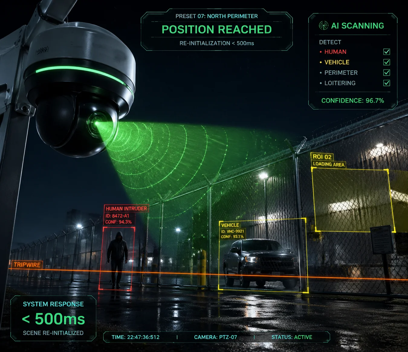 PTZ camera AI re-scan after preset call scene detection