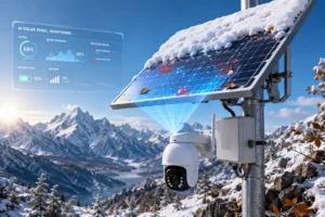 AI-powered solar panel with snow accumulation, leaves detected, and monitoring interface showing status metrics, set in a snowy mountain setting.