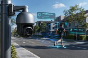 Street-mounted surveillance camera utilizing AI to track a man running with visual overlays for speed and tracking status.