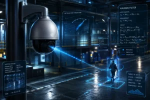 Advanced surveillance camera with AI tracking a person in a warehouse setting, showing trajectory prediction and Kalman filter analytics.