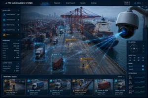 AI surveillance interface monitoring port operations with trucks, workers, and containers. Camera feeds display activity tracking and system analytics.