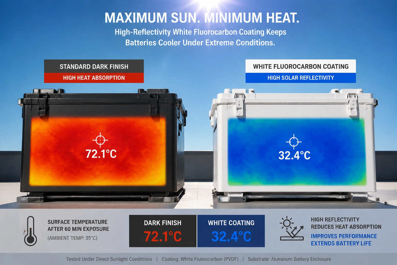 caixa de bateria com revestimento branco de alta refletividade radiação solar