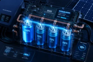 A battery management system (BMS) showing energy balancing and state-of-charge levels, connected to a solar inverter with status data.