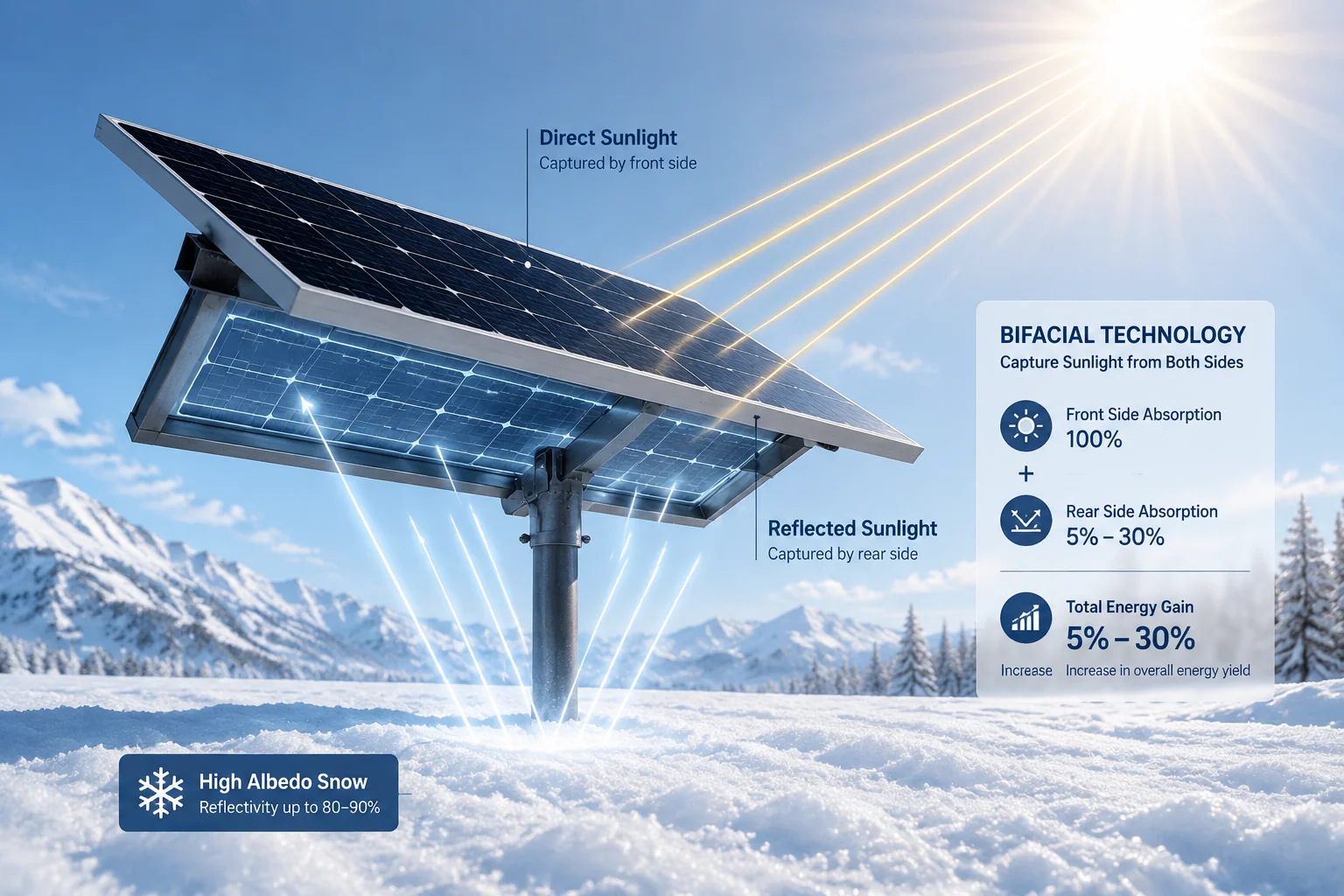 bifacial monocrystalline solar panel ground reflection energy harvest