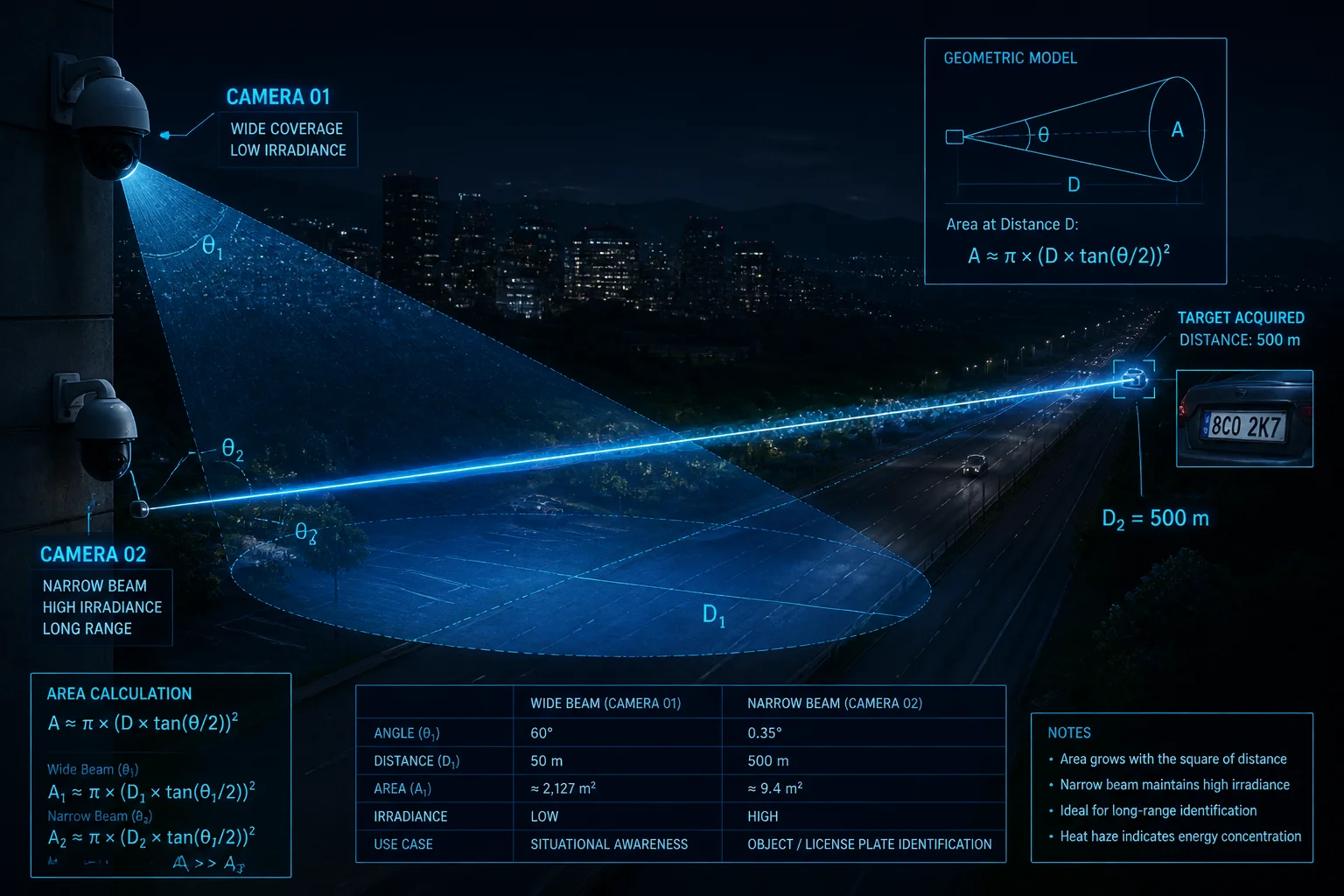 Potência do laser vs. distância de visualização noturna para câmeras PTZ