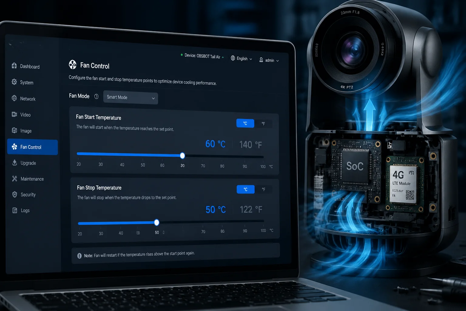 configuración de umbral de ventilador personalizado PTZ