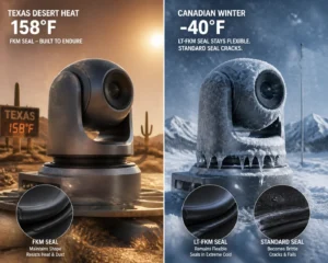Zwei Kameragimbal unter extremen Bedingungen: eines in der texanischen Wüstenhitze bei 158 °F mit FKM-Dichtung und ein anderes im kanadischen Winter bei -40 °F mit LT-FKM-Dichtung, umgeben von Schnee und Eis.