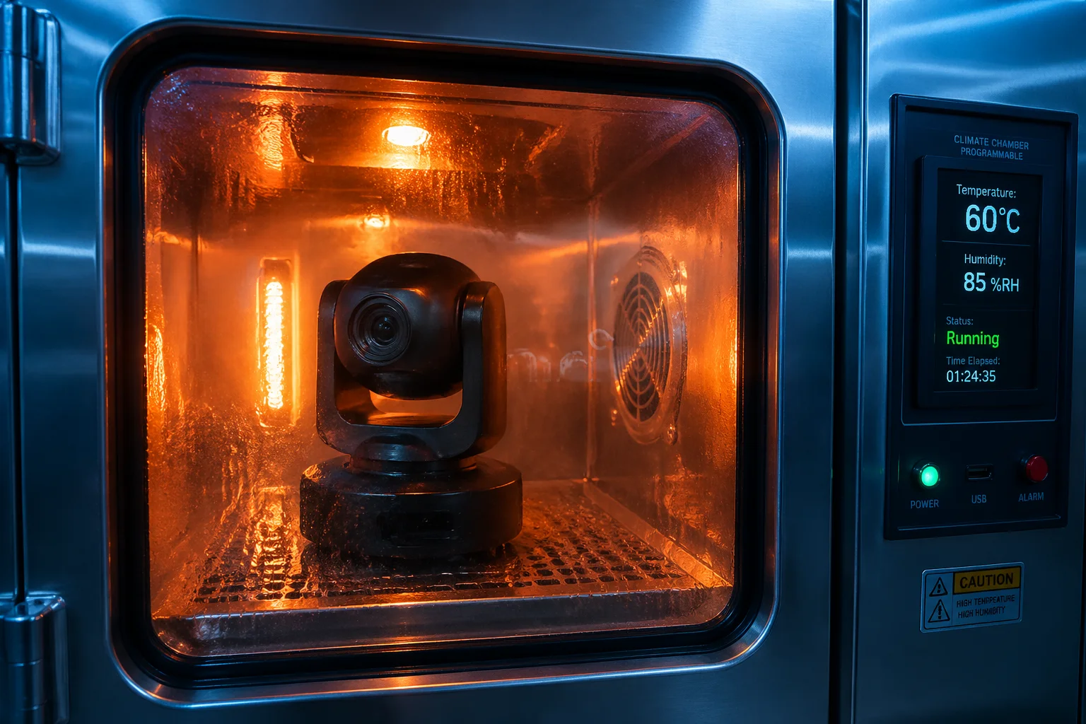 PTZ camera high temperature chamber rotation reliability test