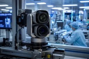 Advanced dual-lens camera testing system in a high-tech lab with technicians in cleanroom attire working on various equipment.