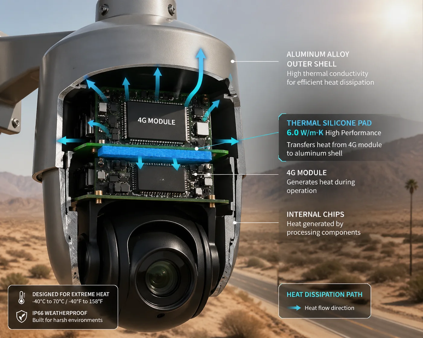Cooling design for 4G cellular modem in outdoor PTZ camera