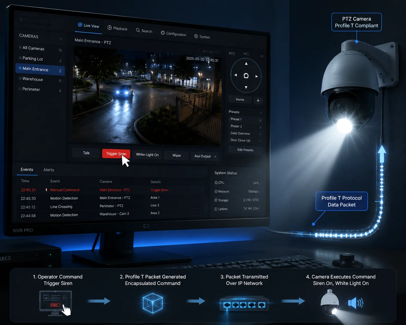 Software NVR acionando sirene da câmera via ONVIF