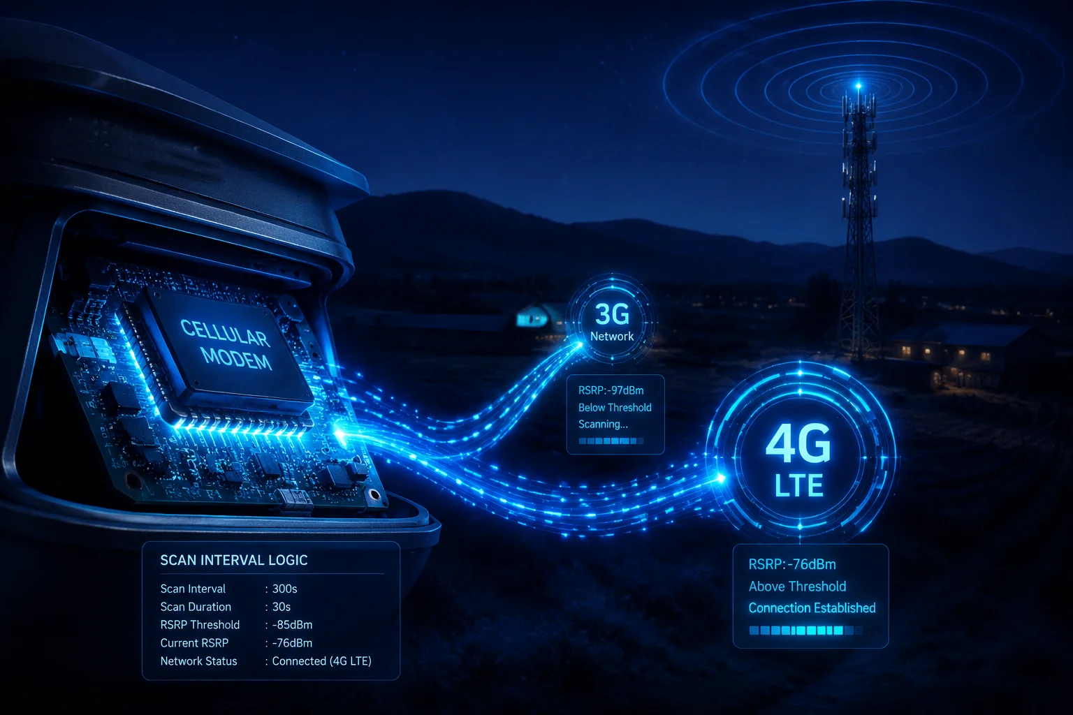 Cellular modem switching back from 3G to restored 4G LTE signal