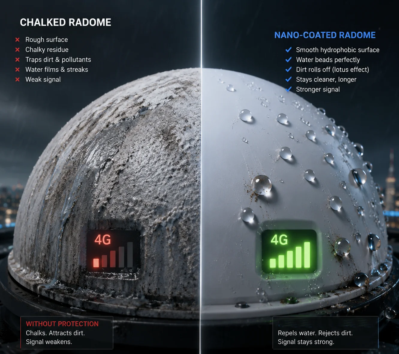 Chalking on radome surface affecting 4G signal quality