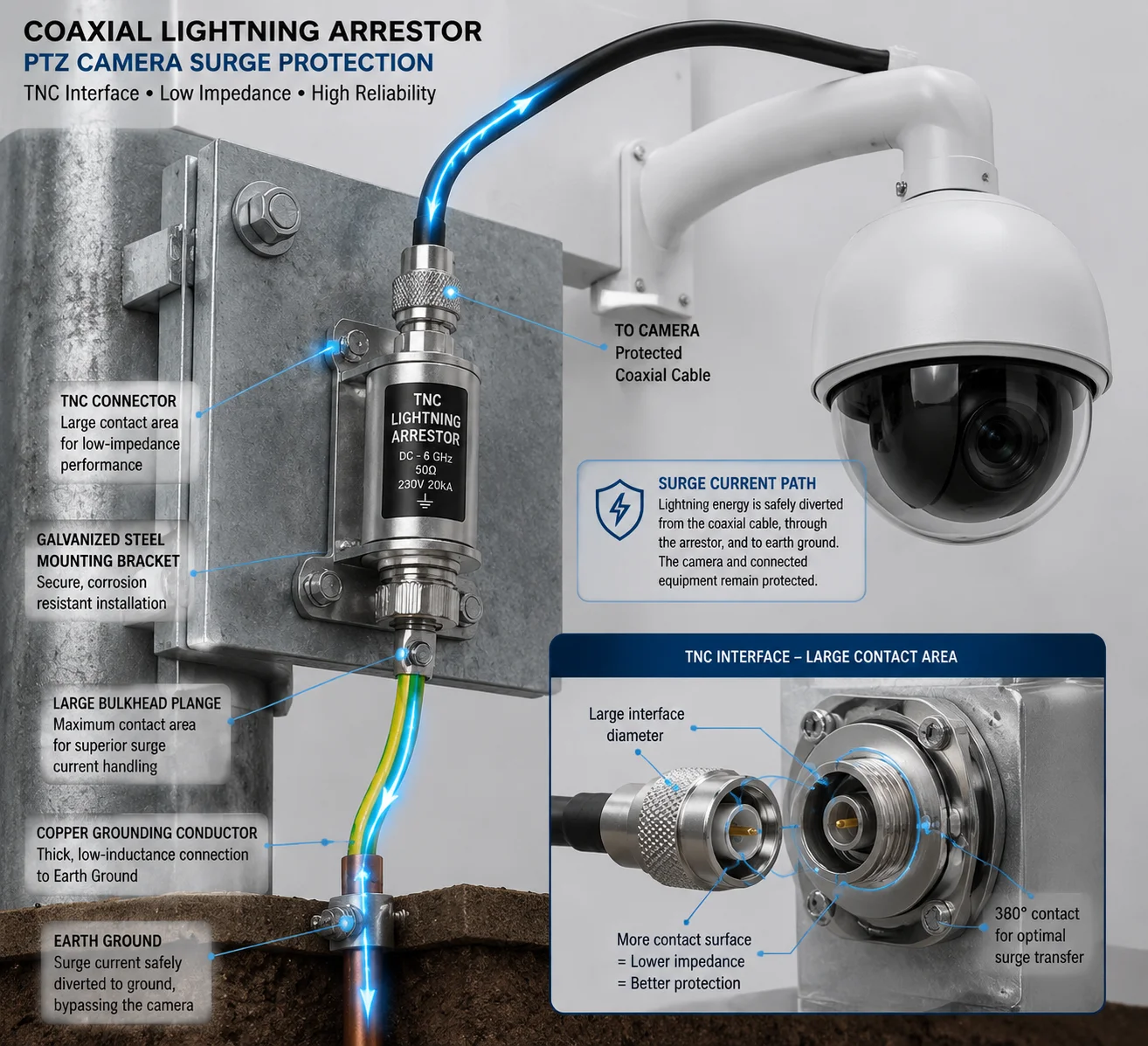 Coaxial lightning arrestor with TNC connector on PTZ camera pole