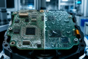 Une comparaison côte à côte d'une carte de circuit imprimé électronique corrodée et d'une carte de circuit imprimé propre avec des gouttelettes d'eau, montrant un traitement protecteur.