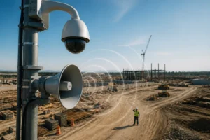 Une caméra de sécurité et un haut-parleur montés sur un poteau surplombant un chantier de construction avec un ouvrier en gilet haute visibilité et du matériel de construction visibles à l'arrière-plan.