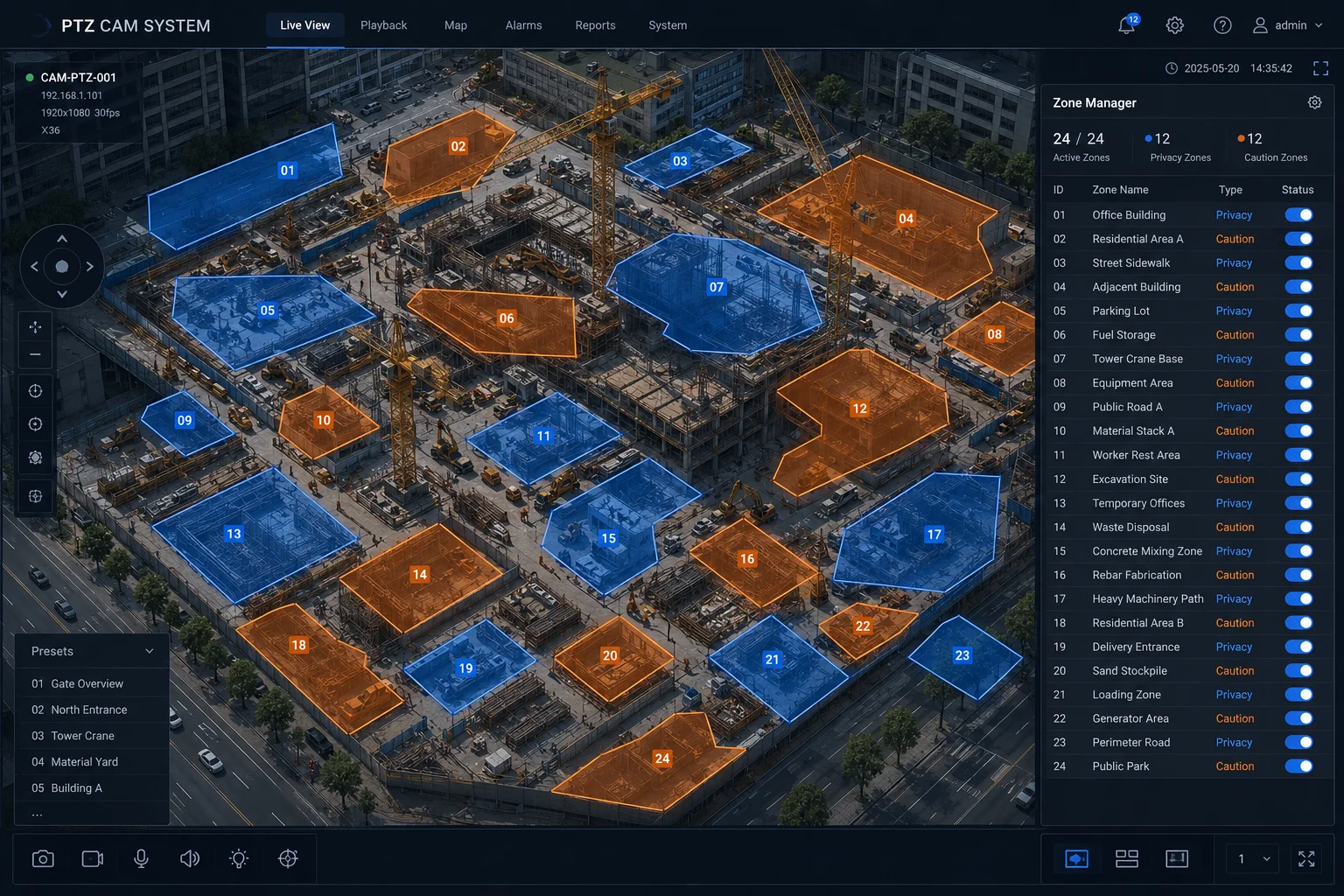 Multiple 3D privacy zones configured on single PTZ camera