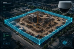 A construction site with active perimeter security monitoring outlined by glowing sensors, featuring a surveillance camera view and data overlays.