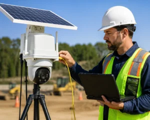 Construction worker wearing safety gear setting up a solar-powered security camera while using a laptop outdoors. Machinery in the background.