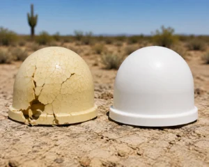 A cracked yellow dome sits beside an intact white dome on a dry, cracked desert ground with a cactus in the background.