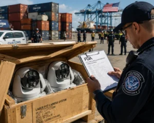 A customs officer examining a shipping crate containing two surveillance cameras while holding an FDA inspection document at a port with containers and an American flag in the background.