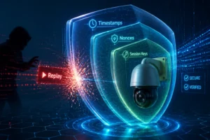 Caméra de surveillance high-tech protégée par des boucliers numériques superposés avec des termes tels que horodatages, nonces, clés de session contre une tentative de piratage.