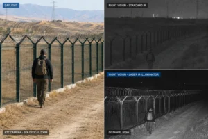 Comparison of surveillance images showing daylight view, standard IR night vision, and laser IR illuminator at 800m distance.